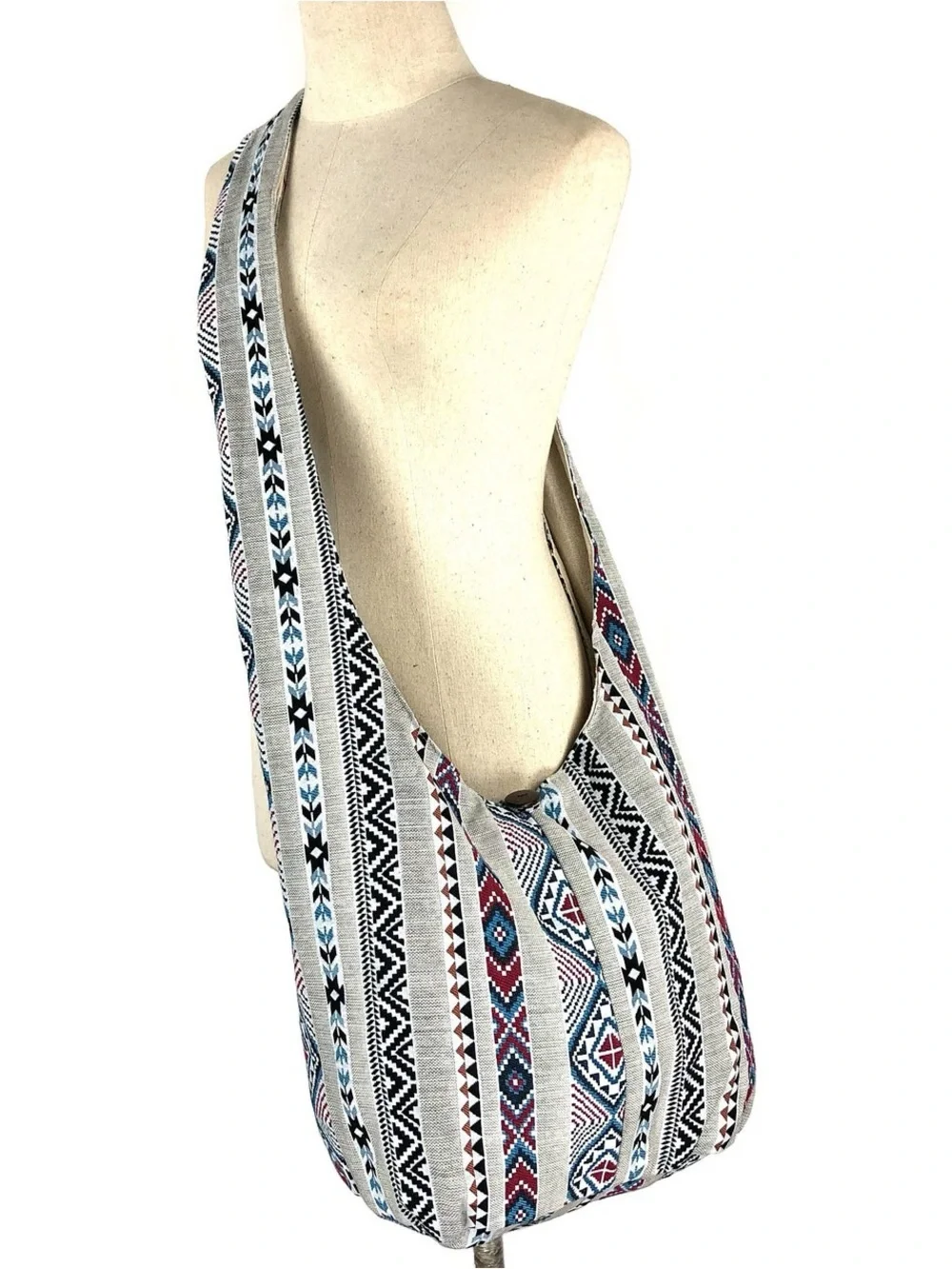 Boho tribal Woven Crossbody Bag in Gray, Blue & Pink